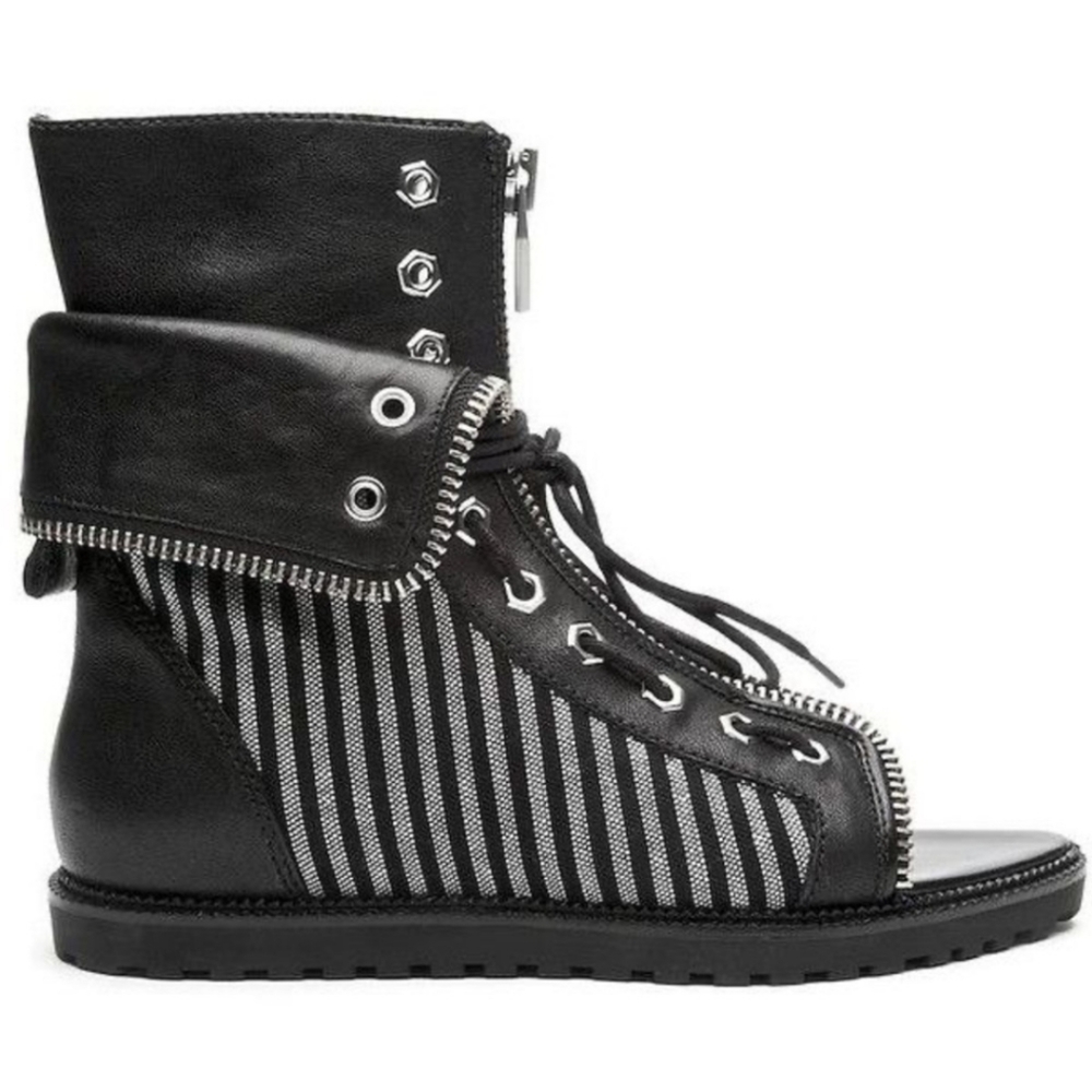 Alexander Wang Silver and Black Pointed Open Toe Zip Up Moto Boots
